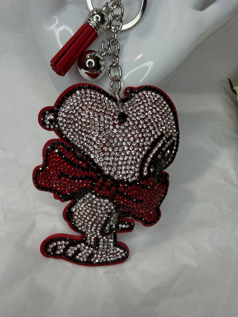 Crystal-Embellished Red Snoopy Character Puffy-Keychain Bag Charm - Picture 2 of 3